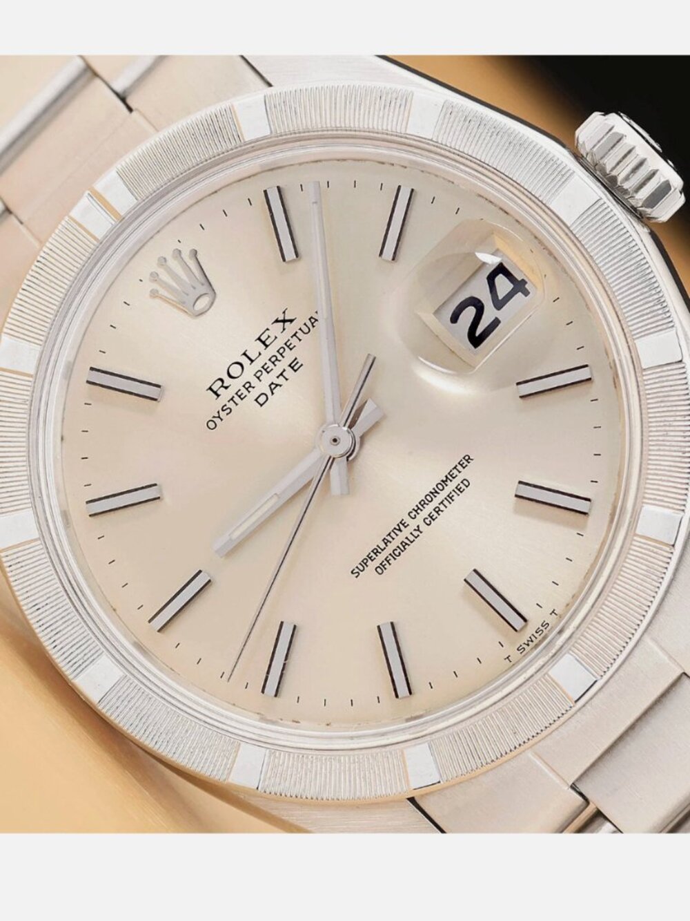 ROLEX OYSTER PERPETUAL DATE SILVER DIAL 34MM STEEL OYSTER WATCH w/ PAPER
